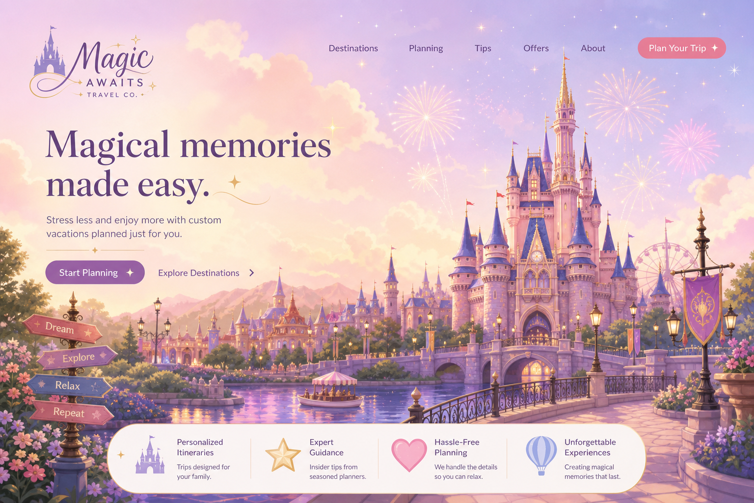 Pastel storybook castle and fireworks illustration
